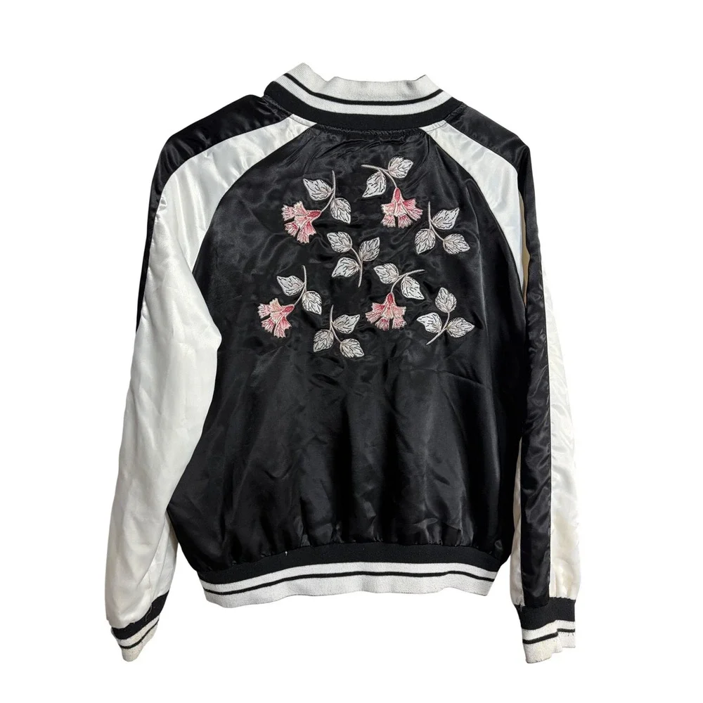 Odyn Womens XL Satin Floral Embroidered Bomber Jacket Black White Sporty Retro